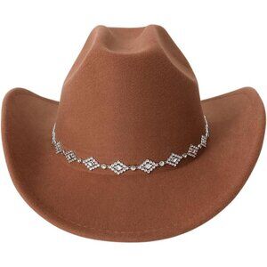 Verdusa Women Coffe 100% Polyester Rhinestone Diamond Chain Band Cowboy Felt Hat